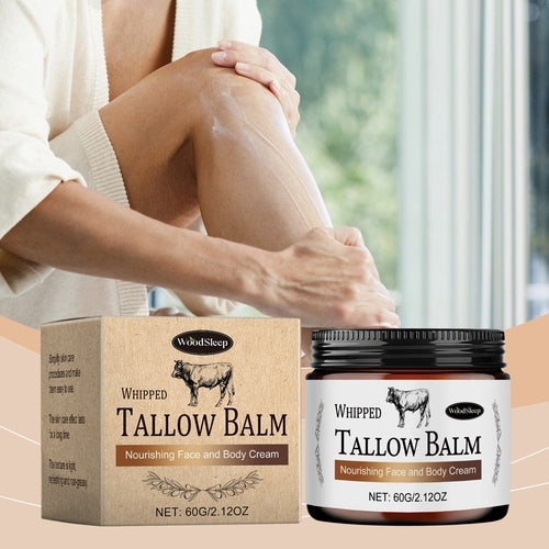 a woman is taking care of her leg skin using cream named Tallow Balm